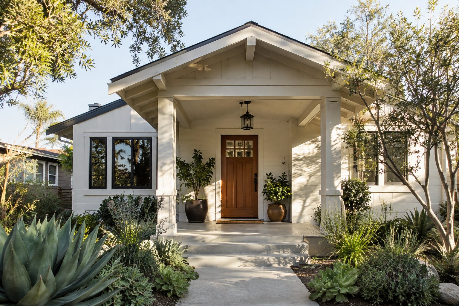 A quiet San Diego street with bungalows, illustrative