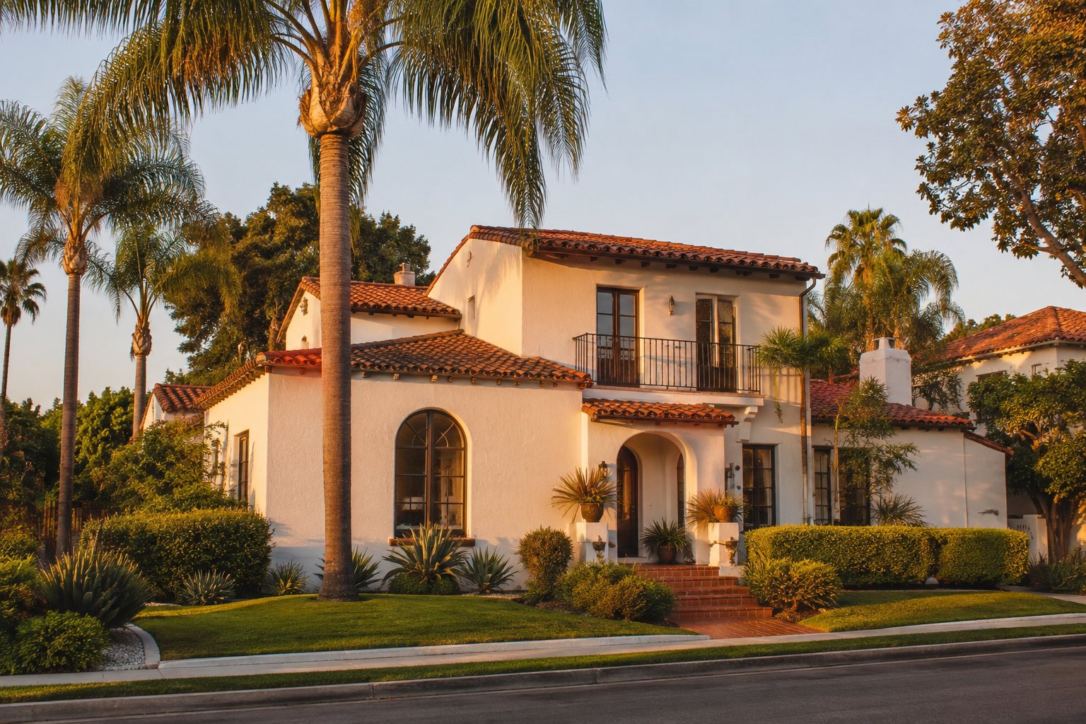A San Diego Spanish style home with palms in soft evening light, illustrative