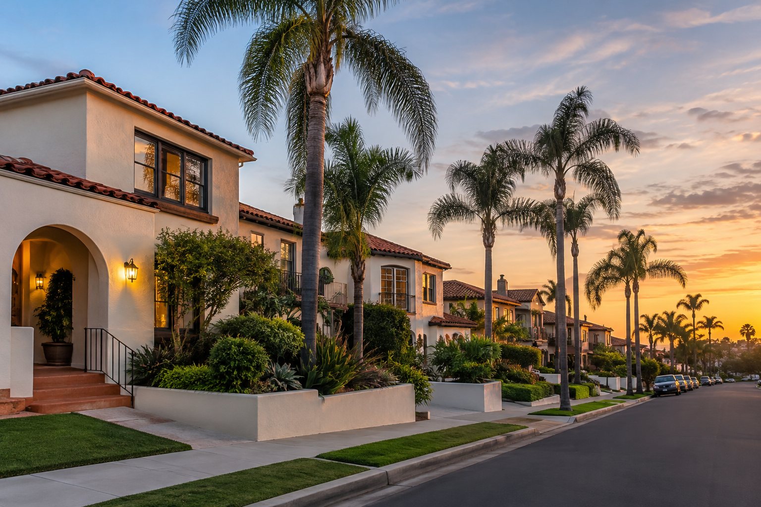 A San Diego home at dusk, illustrative